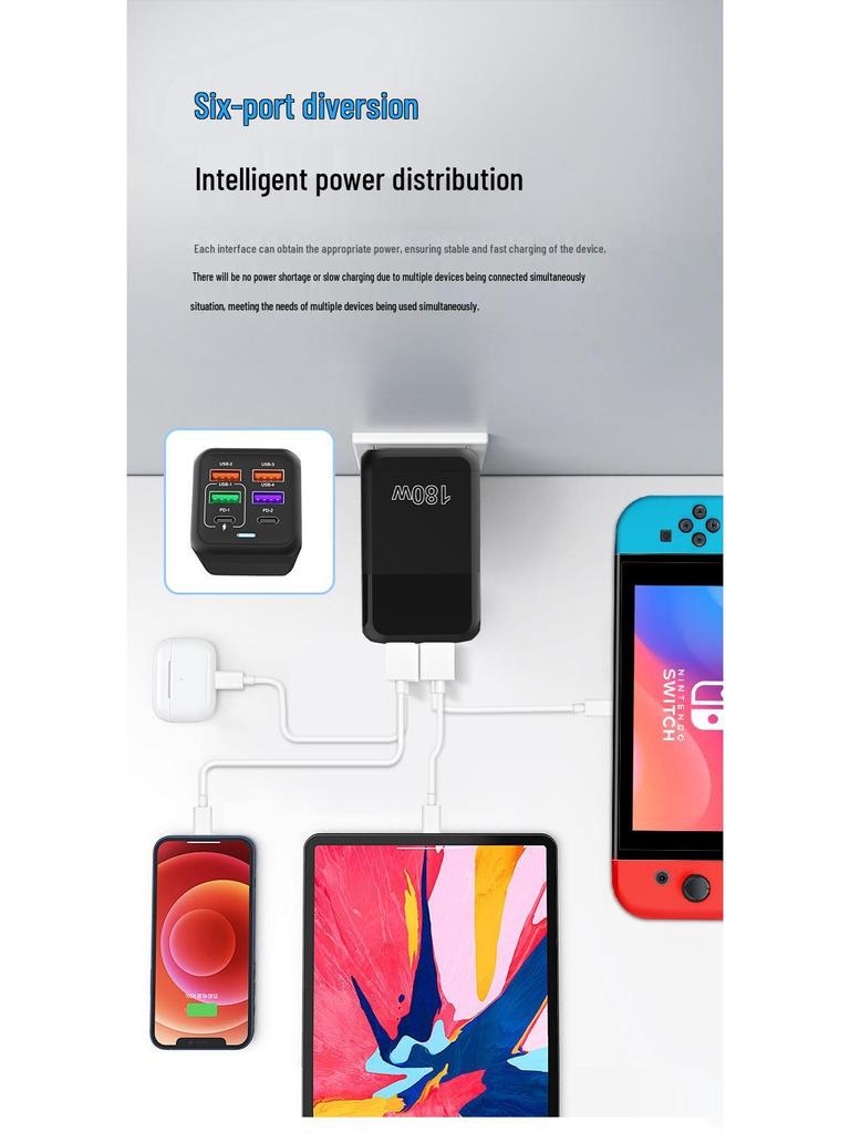 180W GaN Multi-Port Fast Charger with USB PD for Apple Devices