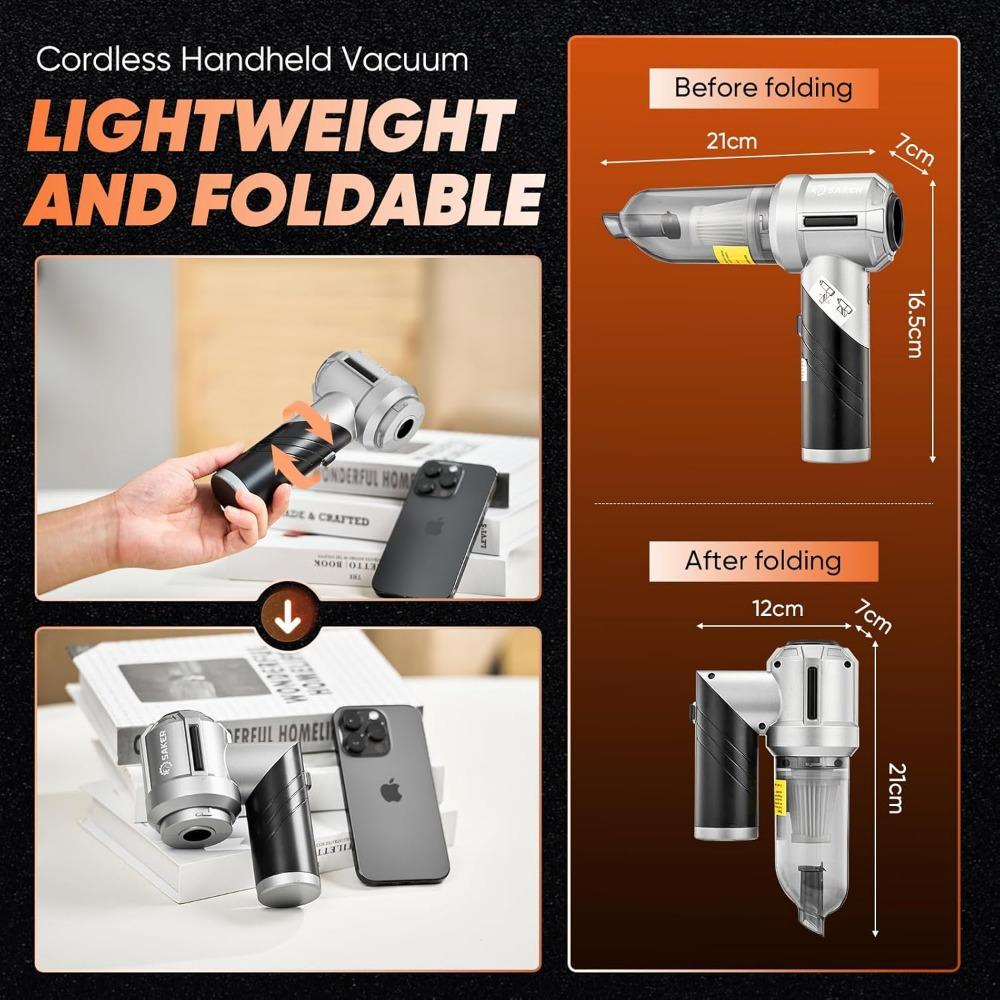 Saker Portable Handheld Vacuum Cordless Portable 17000PA Foldable Car Vacuum Cleaner Mini Dust Blower with Brushless Motor for O