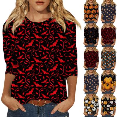 Women's Fashion Casual Round Neck 3/4 Sleeve Loose Halloween Printed T-Shirt Ladies Top