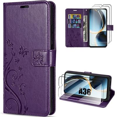 Case for Samsung Galaxy A36 5G - BOOLING - Dark Purple PU Leather with Floral Relief Pattern - 2 Tempered Glass