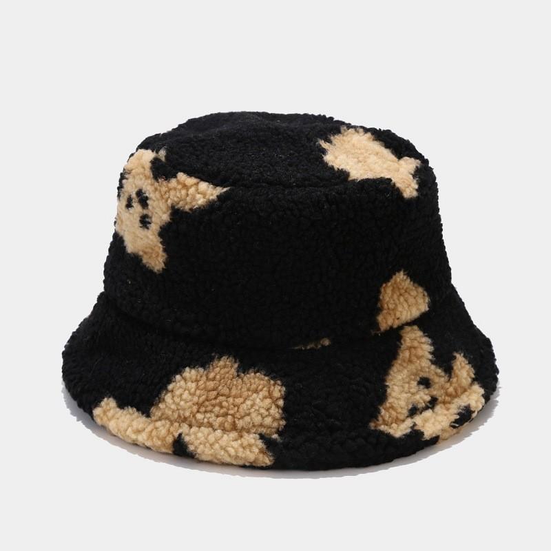 Bear Pattern Winter Knit Bucket Hat With Warm Fleece For Outdoors чёрный