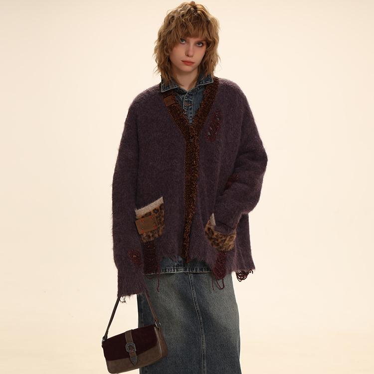 

DIMANAF 2025 Свитеры Леопардовый кардиган Осень Карманы Женский Принт Пуговицы Свитеры Вязание Свободный свитер One Size коричневый