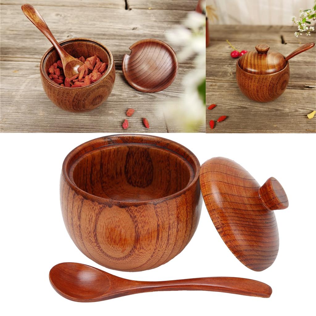 Wood Spice Pot Sugar Bowl Salt Pepper Seasoning Box with Spoon and Lid Kitchen Tool