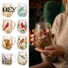 Glas-Teetasse Morgenbecher, Tumbler mit Kolibri-Blumenmuster und Goldrand, Glaswaren mit Natur-Sieb-Thema für Kaffee, Saft, Wein, Heiß und Kalt