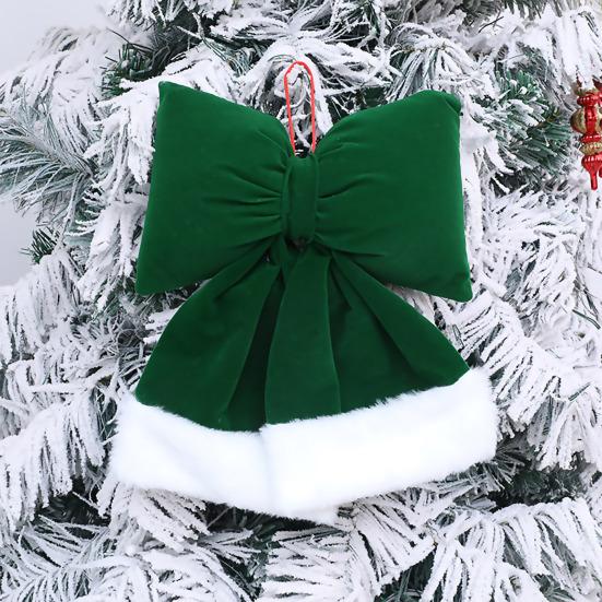 Velvet Christmas Bows Stuffed Plush Xmas Hanging Bows Ornament with Fluffy White Fur Trim for Holiday Tree Garland Fireplace Decoration