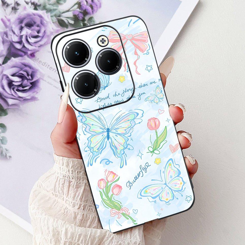 Cover For Tecno Spark 20 Pro Plus Back Bumper Spark 20Pro 20C Colorful Butterfly Flower Painting Phone Case Black Soft Silicone