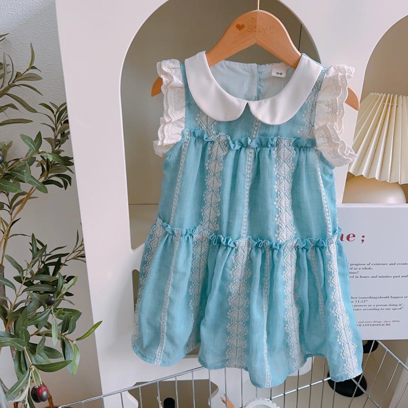 Girls  Summer Dress Set: Stylish Puff Sleeve & Peter Pan Collar (AXA963-AXA965) Size 100