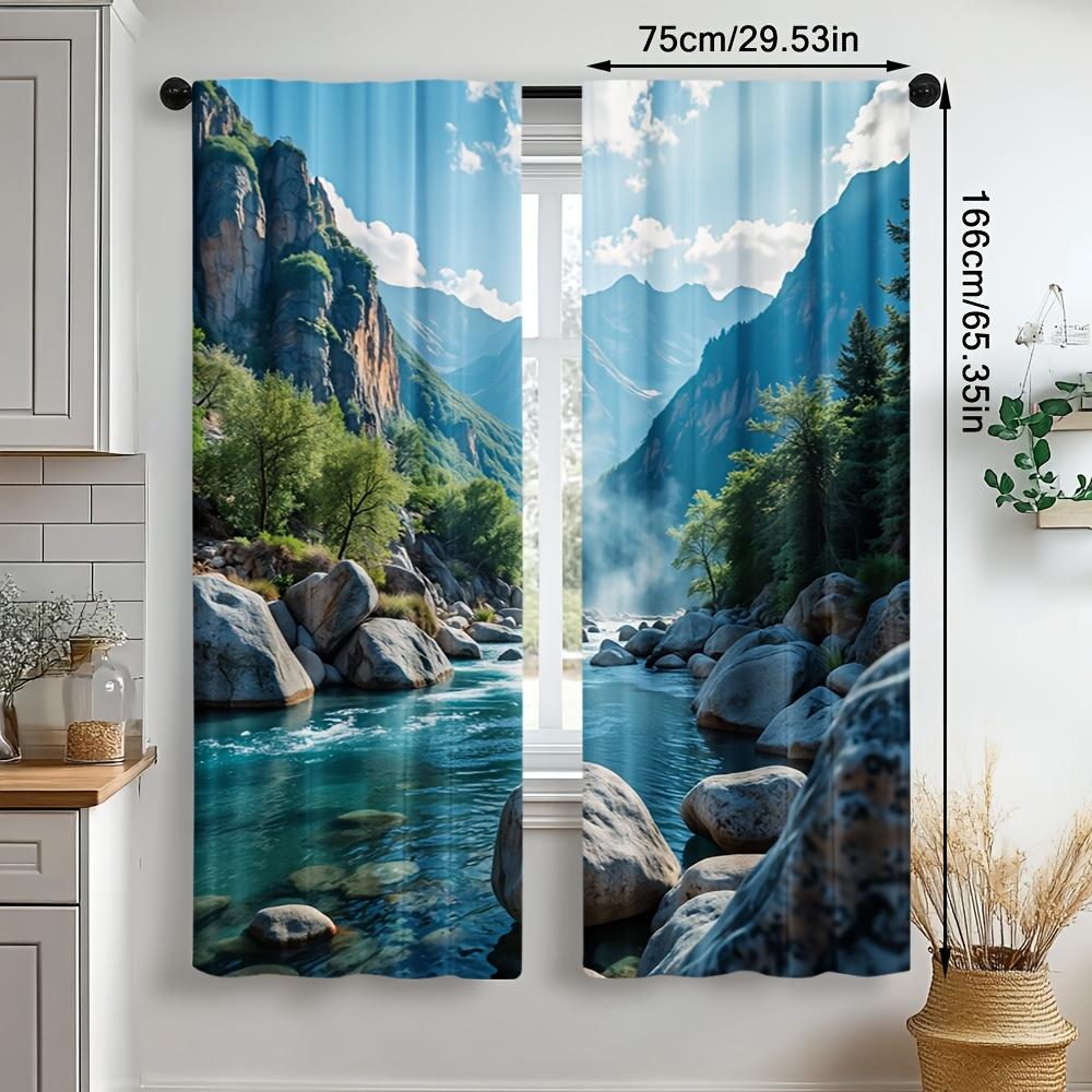 2pcs Blue Mountain Water Scenery Printed Door & Window Curtains U2013 Stylish Rod Pocket Window for Bedroom   Office   Living Room