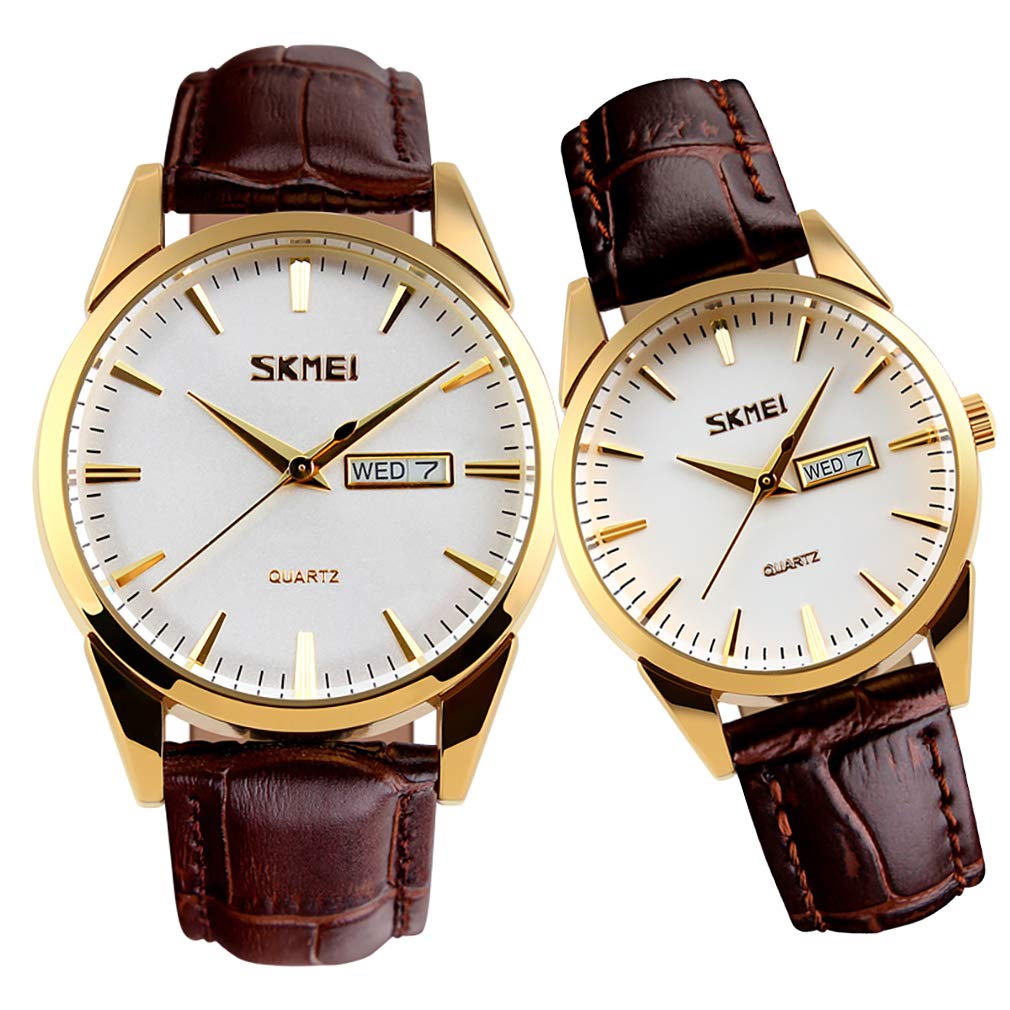 

Popular couple s watches for men and women. Classic brown leather strap, waterproof, luxury, perfect as a wedding or anniversary gift.