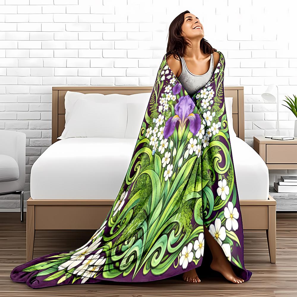 Floral Pattern Blanket with Purple Irises and Green Leaves Decor Blanket, Suitable for Use In the Bedroom, Living Room, On the Sofa