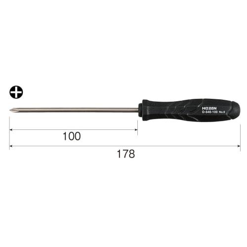 HOZAN Phillips No. 0 Screwdriver, Overall Length 178mm, Shaft Length 100mm, Thin Shaft, Ideal for Hard-to-Fit Places, D-540-100