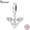 Bamoer 925 Sterling Silver Heart-Wings Pendant Engaved with My Angel for Silver Snake Bracelet Bangle Valentine's Day Gift