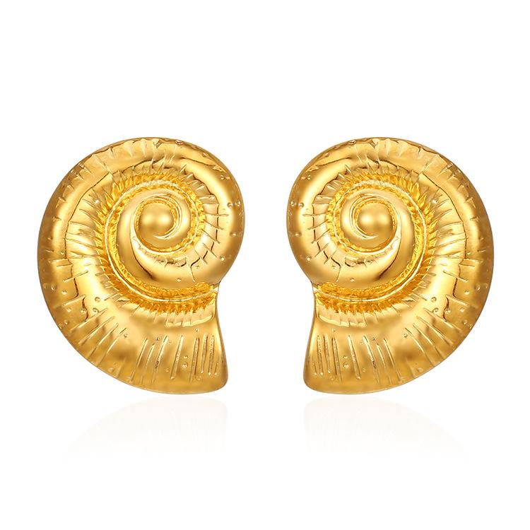 French INS 18k Gold & Stainless Steel Irregular Vortex Conch Earrings with Hammered Firework Design