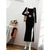 European & American Square Neck Long Sleeve Black Dress for Spring/Summer