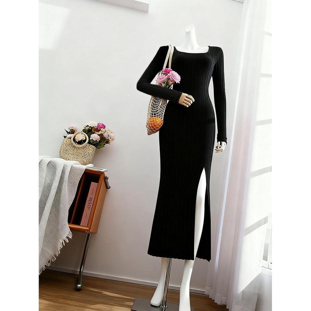 European & American Square Neck Long Sleeve Black Dress for Spring/Summer