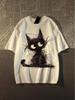 Unisex American Retro Black Cat Print Oversized T-Shirt - Summer Pure Cotton Short Sleeve Top