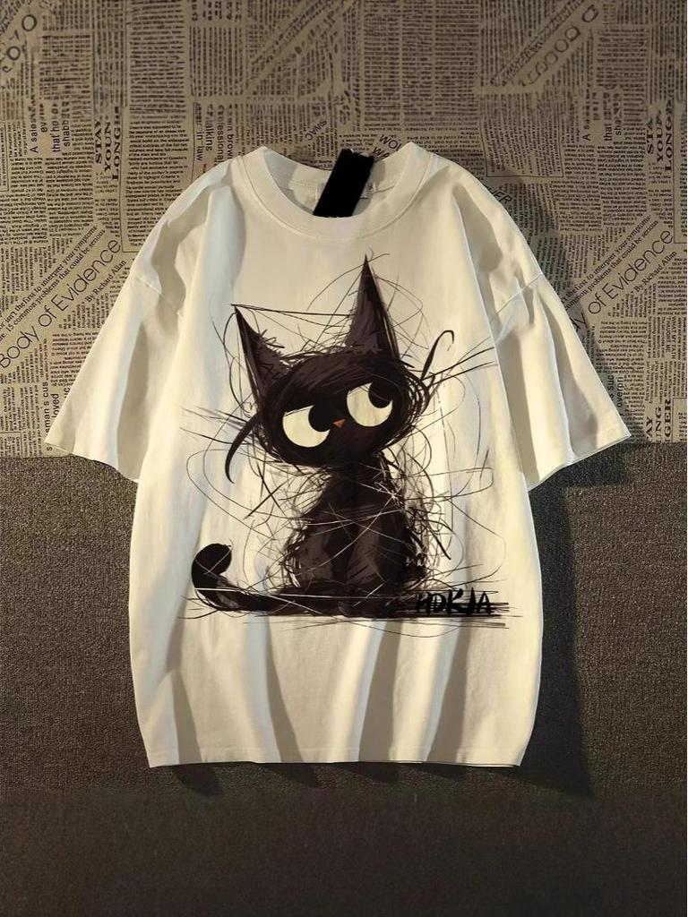 Unisex American Retro Black Cat Print Oversized T-Shirt - Summer Pure Cotton Short Sleeve Top