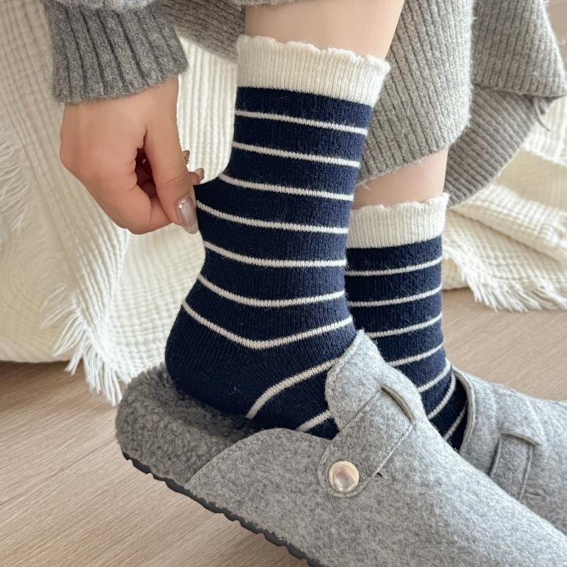 Stacked Socks Tide Striped Thermal Socks Children Medium Tube Socks Wool Late Autumn
