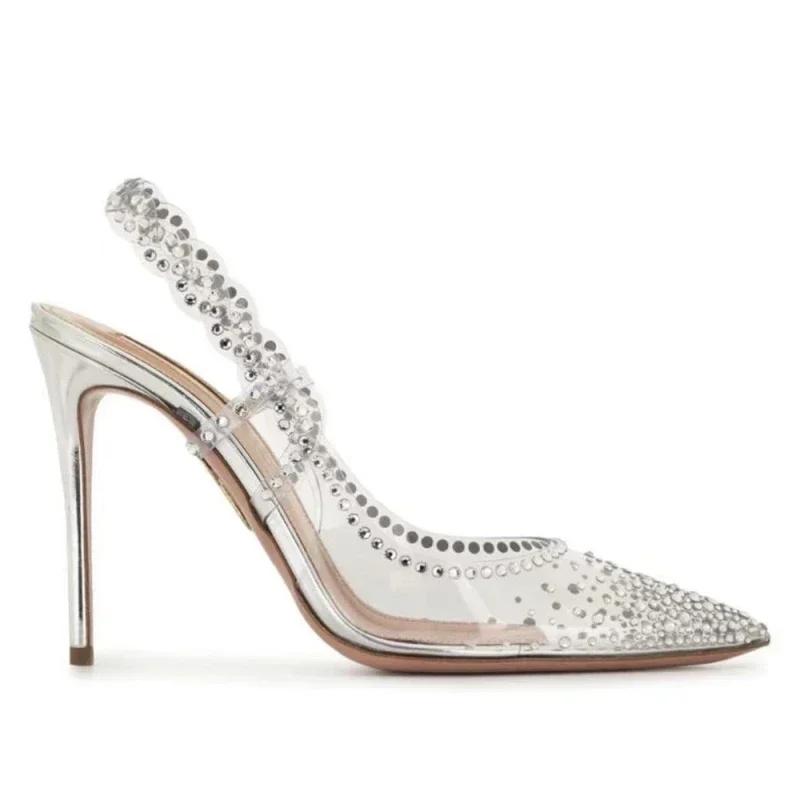 

Fashion Luxury Crystal Rhinestone Transparent Pvc Heeled Sandals Women Sexy Pointed Toe Ankle Strap Pumps Summer Elegant Thin High Heels 42 серебряный