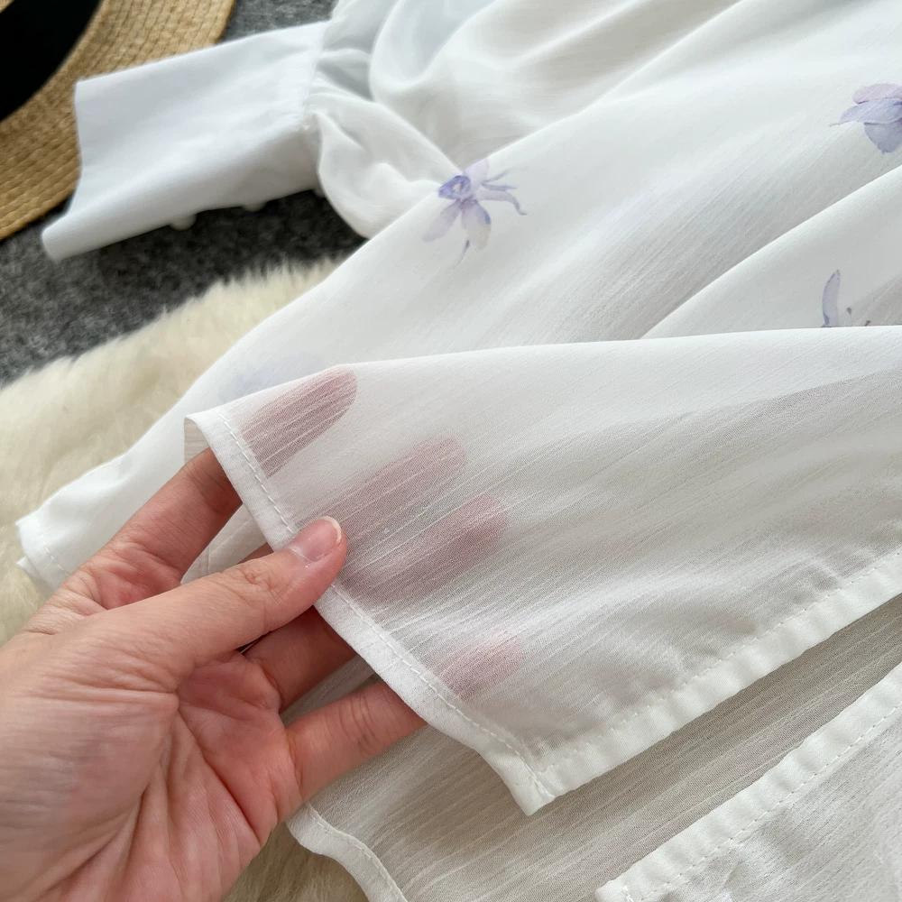 Summer Autumn New Arrival Flower Print Two Piece Pants Sets Women's Lantern Sleeve Blouse Tops and High-Waisted Wide-Leg Shorts Sets