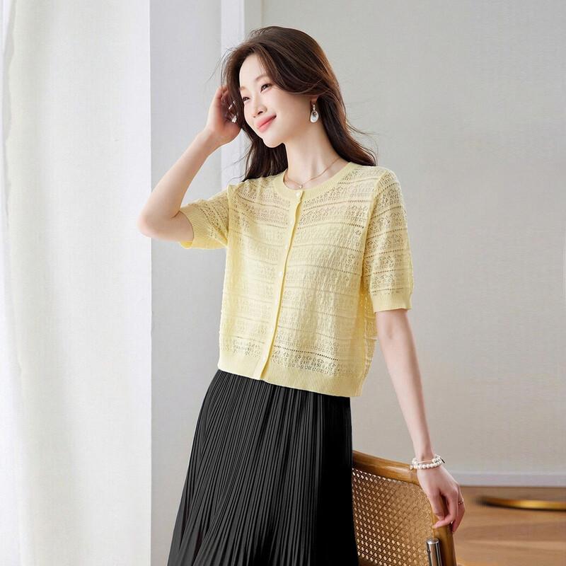 Srcr Women's Mulberry Silk Blend Thin Hollow Knit Short-Sleeve Cardigan