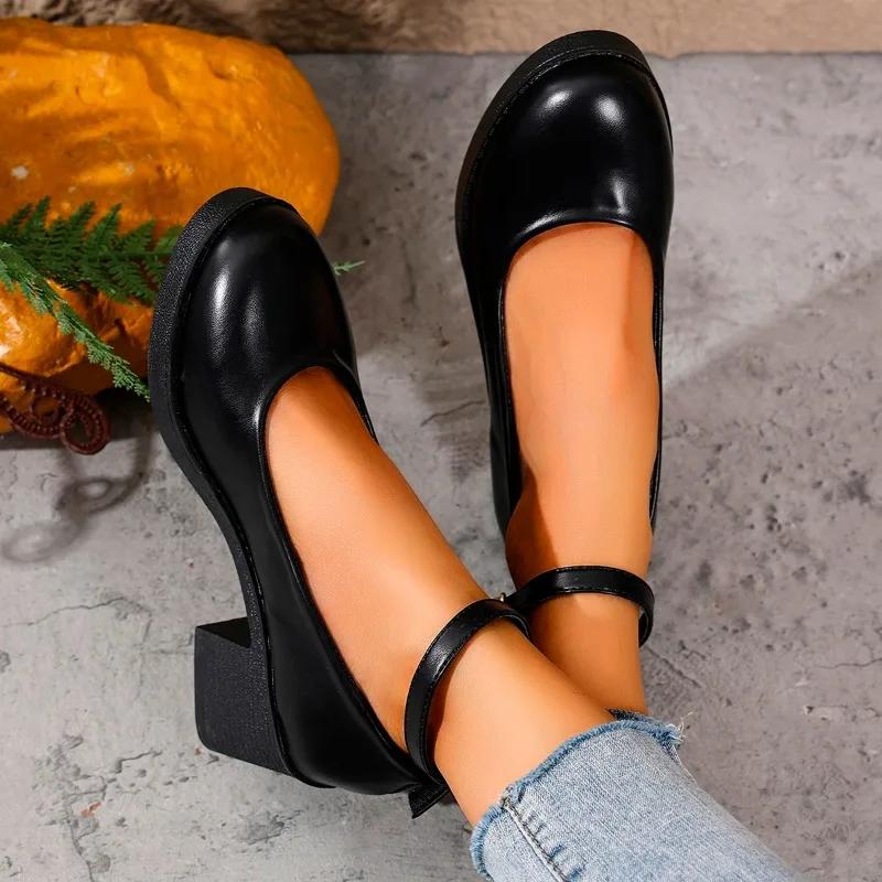 2025 Plus Size Mary Janes Women's High Heels Round Toe Buckle Strap Chunky Heels Shallow Pumps for Retro Office & Career Shoes
