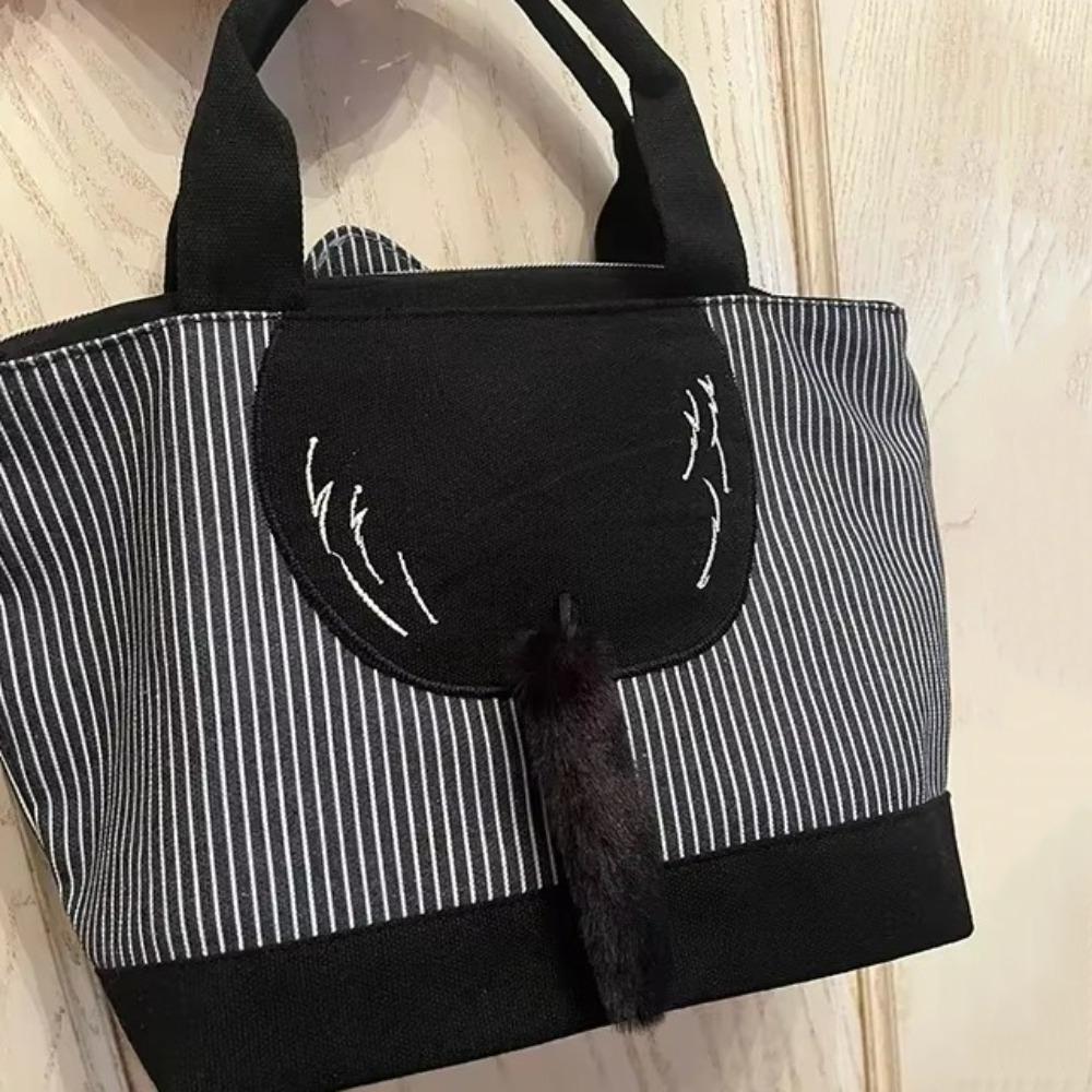 

Embroidery Cat Tote Handbags Large Capacity Canvas School Bag Top-Handle Tutoring Bag Girls чорний