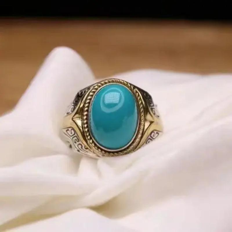 Creative Exquisite Glossy Retro Vintage Ethnic Style Mongolian Turquoise Mens Rings Elliptic Blue Ring Banquet Fine Jewelry