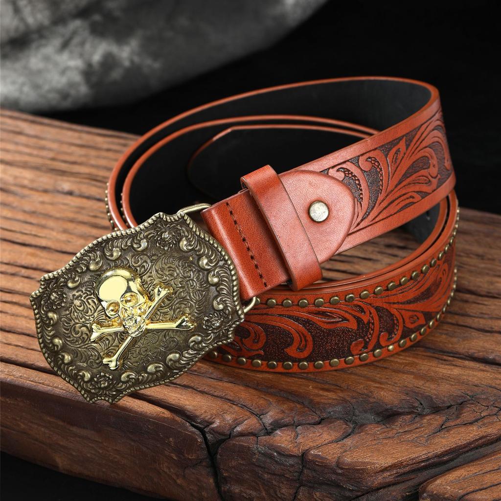 Vintage Western Denimbelte Ku hode Stor plate spenne Denim Gravert Etnisk stil Herre Punk PU lærbelte