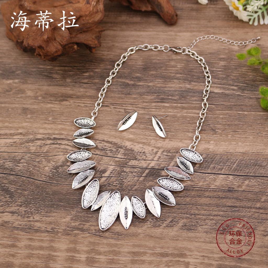 New antique silver leaf stud earrings necklace set, retro punk petal personalized stud earrings necklace set