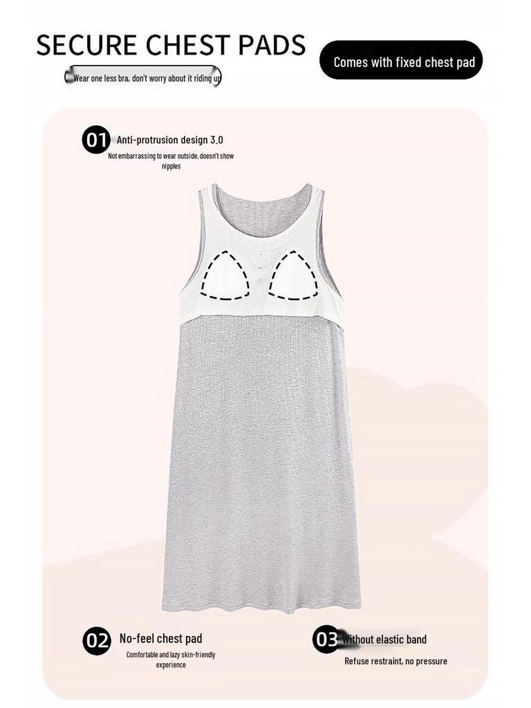 Women's Ice Silk Camisole Nightgown with Chest Pads - Cool, Simple Style Tank Top Home Dress