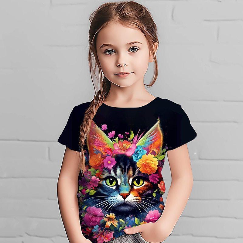 Summer New Cute Cat T-shirt 3-14 Year Old Children's 3D Cartoon Anime Pattern Children's Girls Boys Fashion Short Sleeves