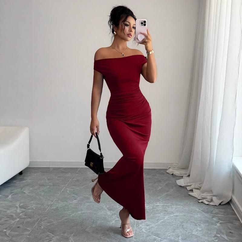 Spring and Summer New Style Elegant Off-the-Shoulder V-Neck Dress - Sexy and Graceful Long Evening Gown for Women