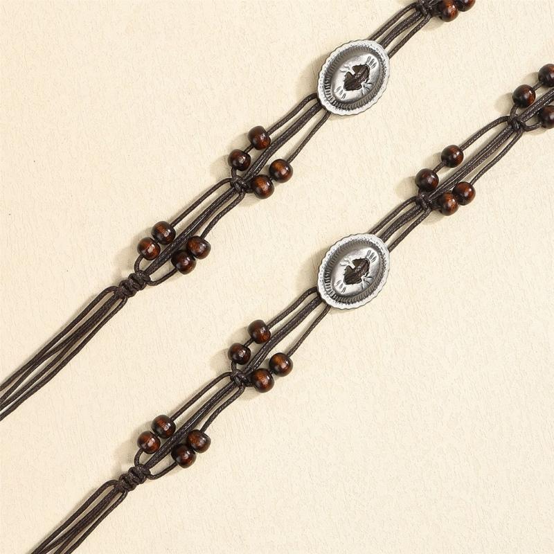 Braided Brown Beaded Belt Chain Unisex Body Jewelry For Layering Outfits Wax Rope Ethnic Style