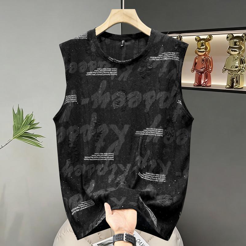 Men's Plus Size Sparkly Letter Print Tank Top, Casual Breathable Sleeveless Vest (5XL-11XL)