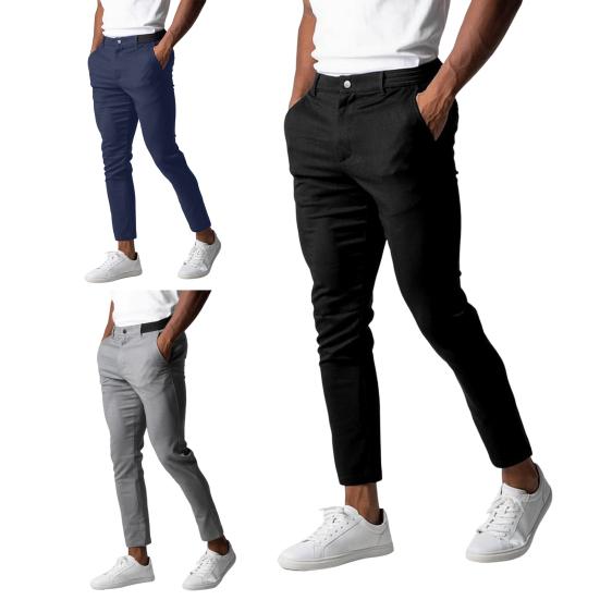 Herren-Hosen, elastisch, mittlere Taille, Knopf, Reißverschluss, Taschen, schmale Passform, einfarbig, weich, atmungsaktiv, Business, formelle lange Hose