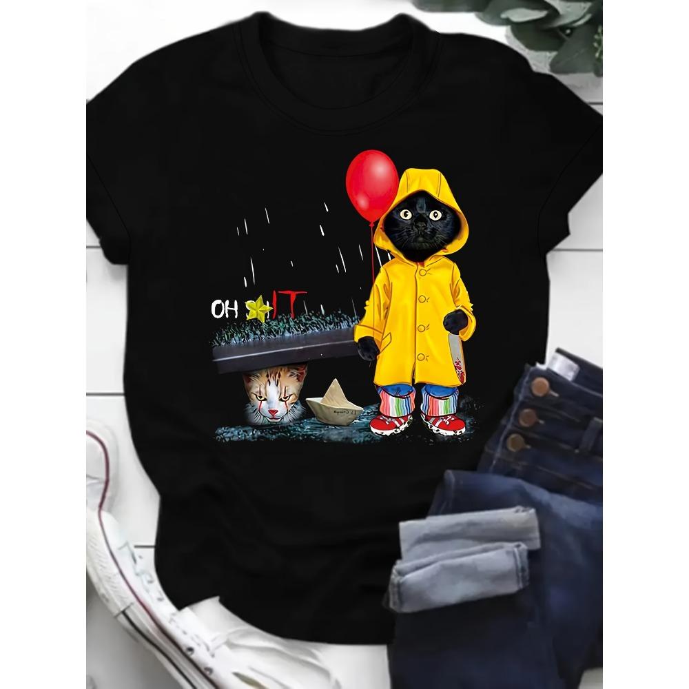 

Women Cotton Short Sleeves T-shirts Horror Movie Cat Parody Women s Tee Funny IT Pennywise Black Graphic Top S