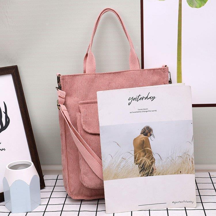 Women's Retro Corduroy Tote - Large Capacity Striped Shoulder or Crossbody Bag