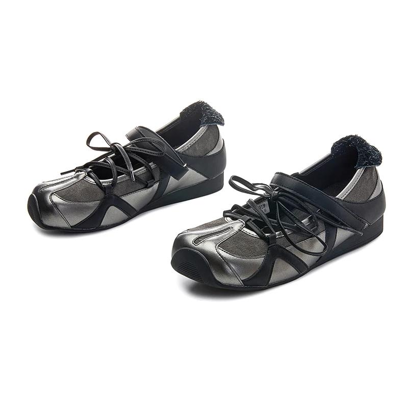 

Fashion Genuine Cow Leather 2025 New Women s Flat Mary Jane Shoes Non-slip Lace-up Ballet Loafers For Women Large Size Female Shoes 35 чёрный