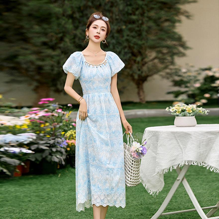 

Dress women s new summer temperament, waist and thin design, beautiful and unique bubble sleeve skirt XL