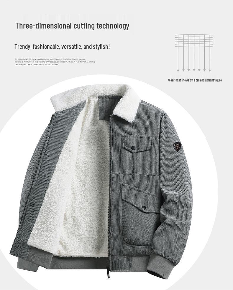 Men's Plus Size Winter Corduroy Lambswool Jacket - Warm Lapel Workwear Coat for All Ages