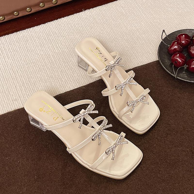 Bow rhinestone Roman sandals women's 2025 summer new French thick heel with skirt high heels temperament shoes women