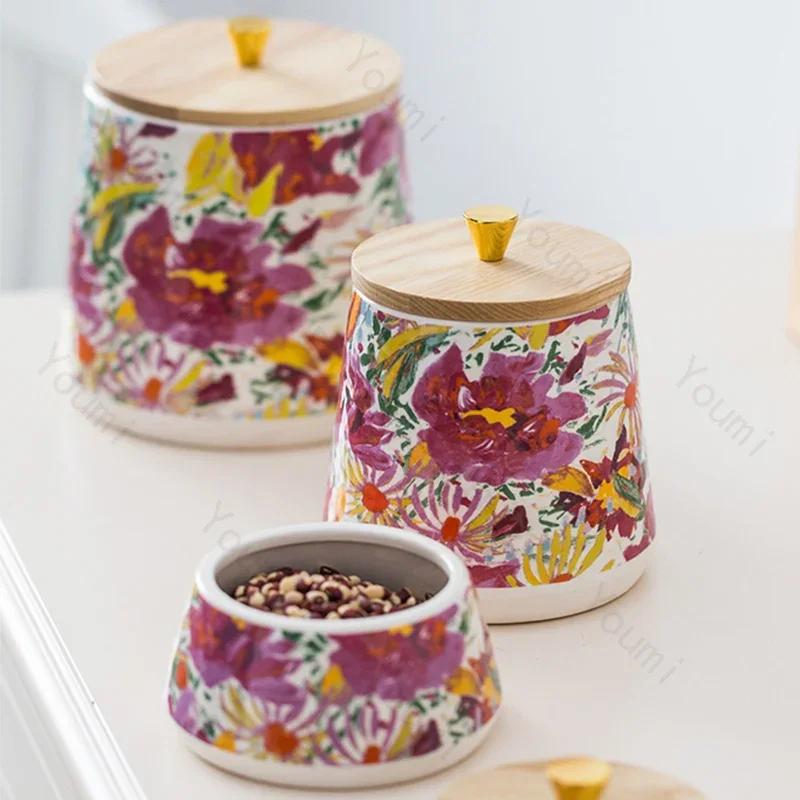 Color Oil Painting Storage Jar Creative Home Kitchen Storage Jar High End Circular Living Room Table Decoration Exquisite Gifts