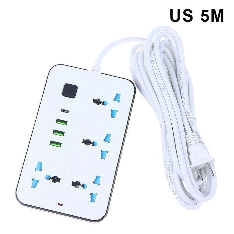 New EU US Plug 2/3Pin Power Strip 1 TypeC 3 USB Port 4 Way Outlet 2/3/5M Extension Power Socket Charge Electrical Socket