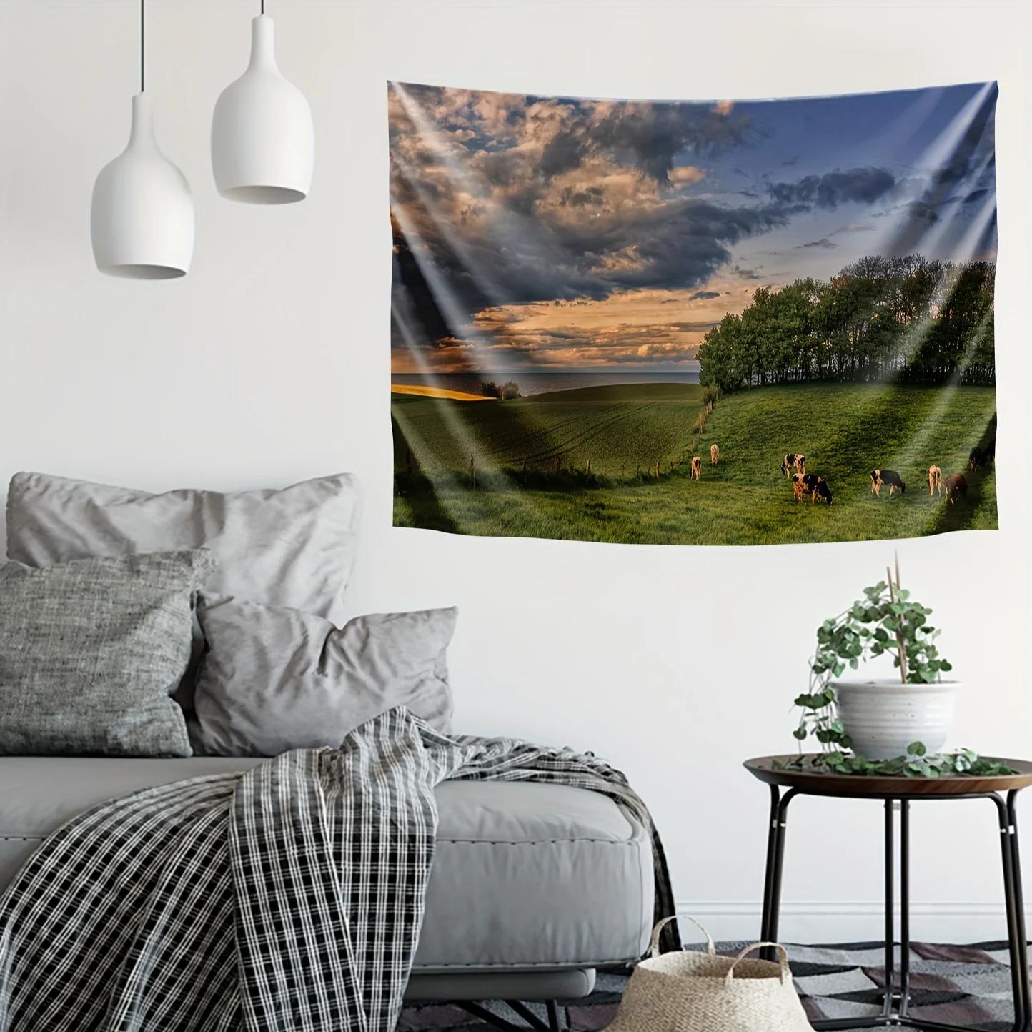 

VIKAMA Пасторальный пейзаж Коровье пастбище Гобелен Гостиная Спальня Изголовье стены Декор Гобелен InstagramСтиль Декор комнаты 74x94cm(29x37in)