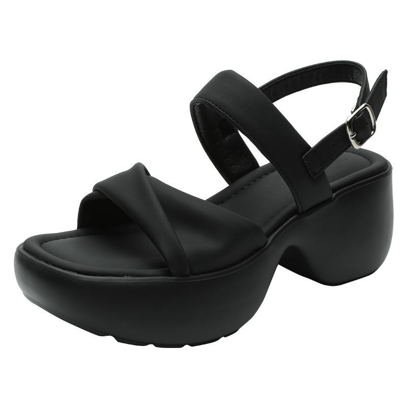 New Korean version of casual word with round head open toe heightening muffin heel thick bottom soft bottom stepping on shit Roman sandals women