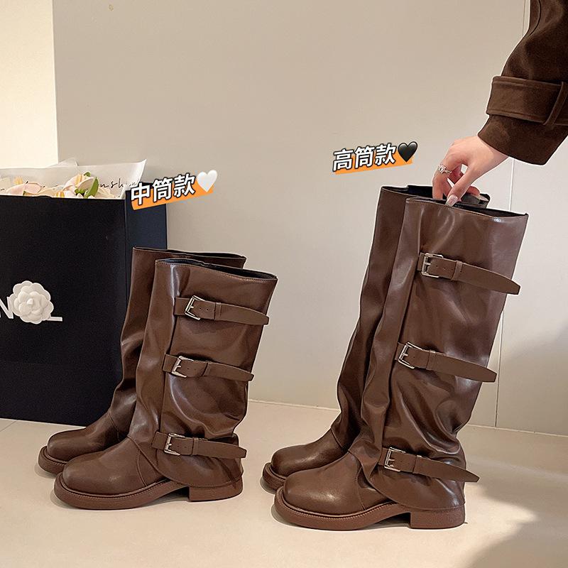 Niche retro thick heel mid-height boots western cowboy stack boots knight boots early autumn knight boots French women's boots