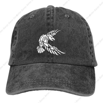 Viking Norse Wolf Raven Rune Dad Hat Adjustable Washed Distressed Baseball Cap Adjustable Trucker Hat Black