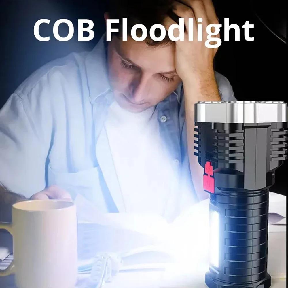 Powerful 4-5 Core LED Flashlight Built-in Battery USB Rechargeable COB Working Light Outdoor Home Torch Camping Search Lantern