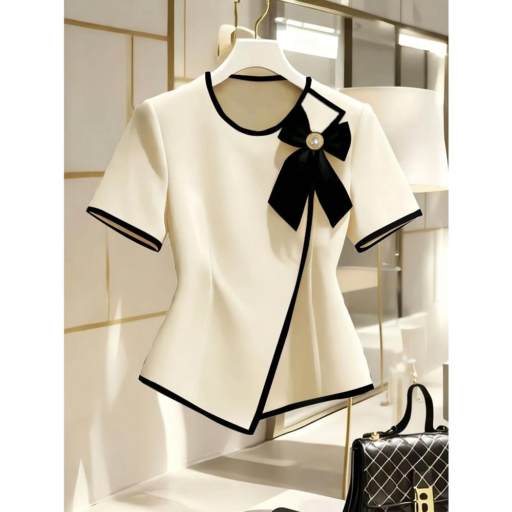 Elegant Bow Neck Short Sleeve Blouse Asymmetrical Hem Design Office Casual Women Shirt S